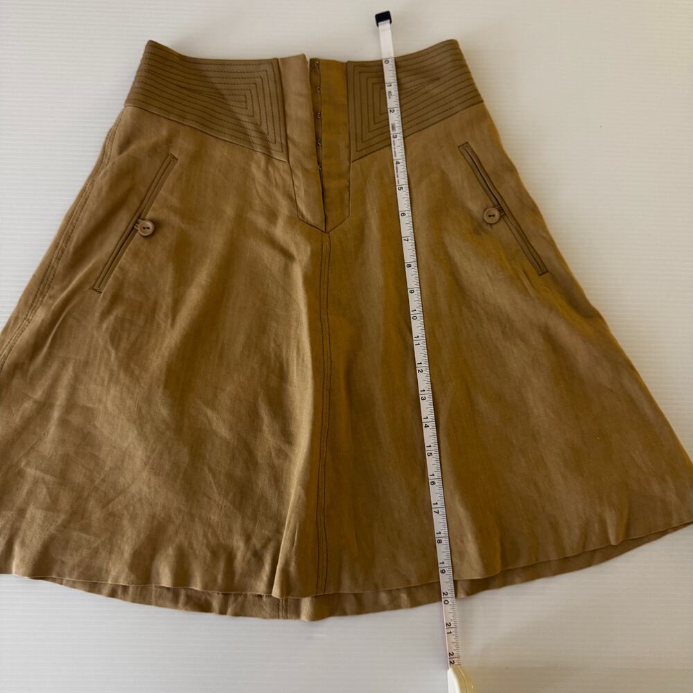 Rebecca Taylor Mini Skirt Sz 2 Sand Linen Lamb Leather Trim Geometric A-Line NWT - Picture 6 of 16